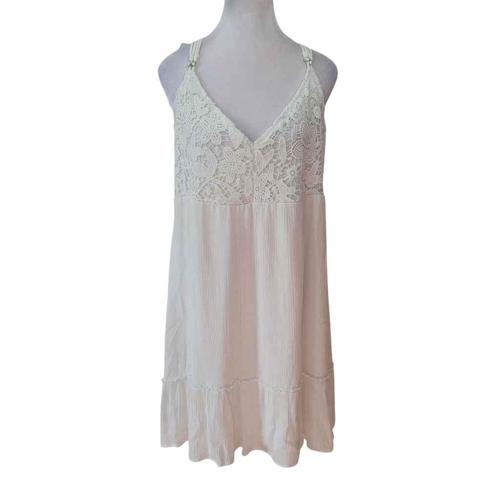 Maurices M Mini Dress Womens White Lace Bodice Crinkle Gauze Boho Sleeveless